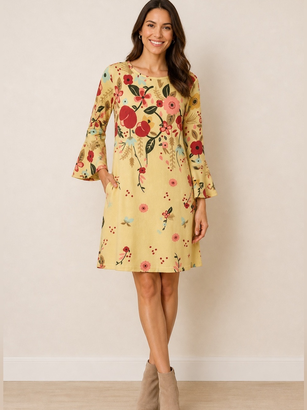 Ces Femme Yellow Floral Bell-Sleeve Tunic Dress